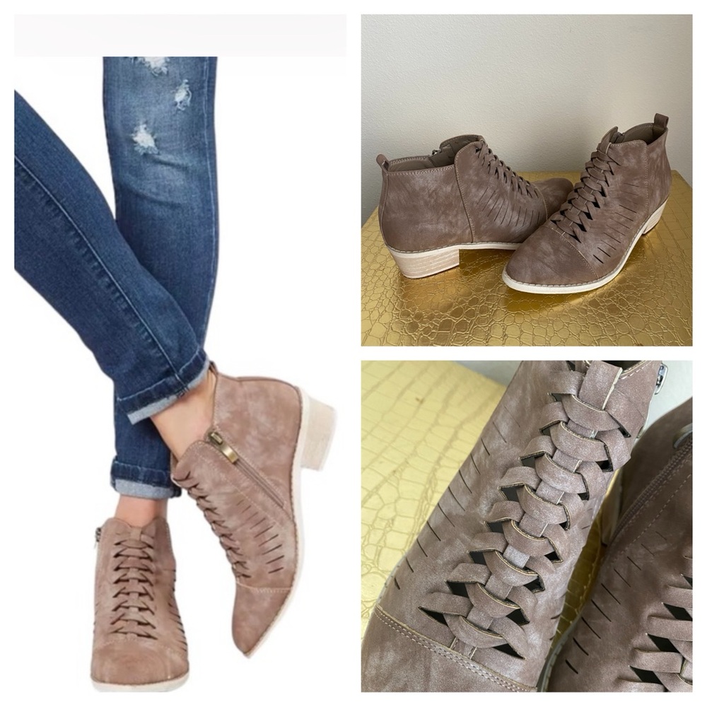 Miim Distressed Braided Faux Leather Side Zip Ankle Bootie SZ 7 1/2 NWOT